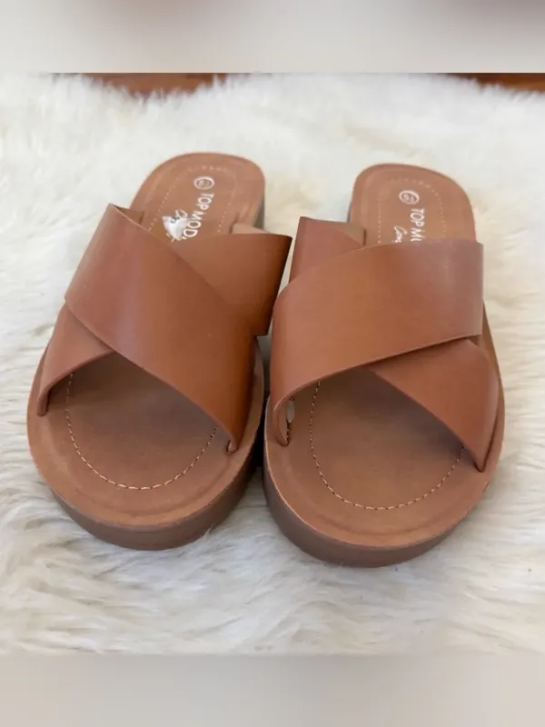 TOP Moda Tan Cross-Strap Slide Sandals - Image 2
