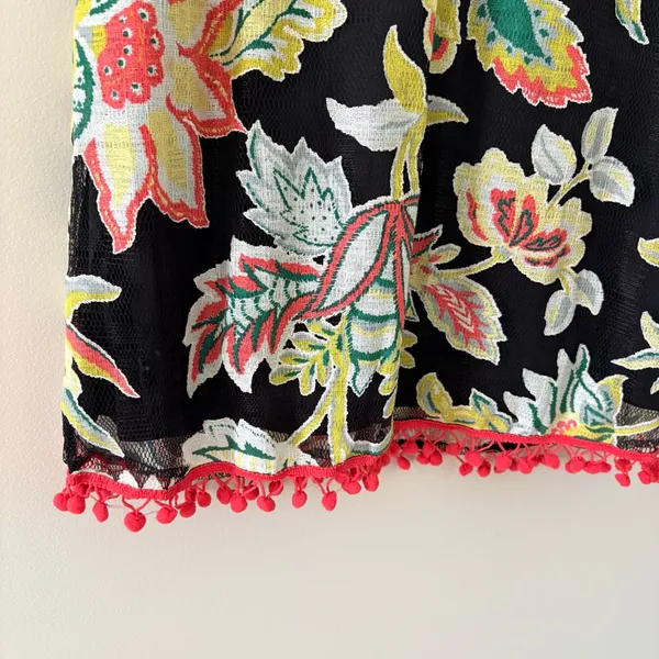 Entro Black Floral‎ Sleeveless Tunic Dress Pom Pom Hem Size S Coastal Preppy - Image 6