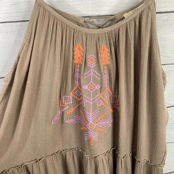 Kori Women M Tan Aztec Embroidered Tiered Feminine Boho Mini Dress NWT Festival - Image 3