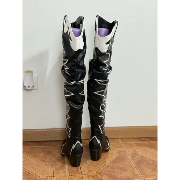 Women's Black & White Cowboy Western Boots Knee High Embroidered Block Size 6 - Image 7