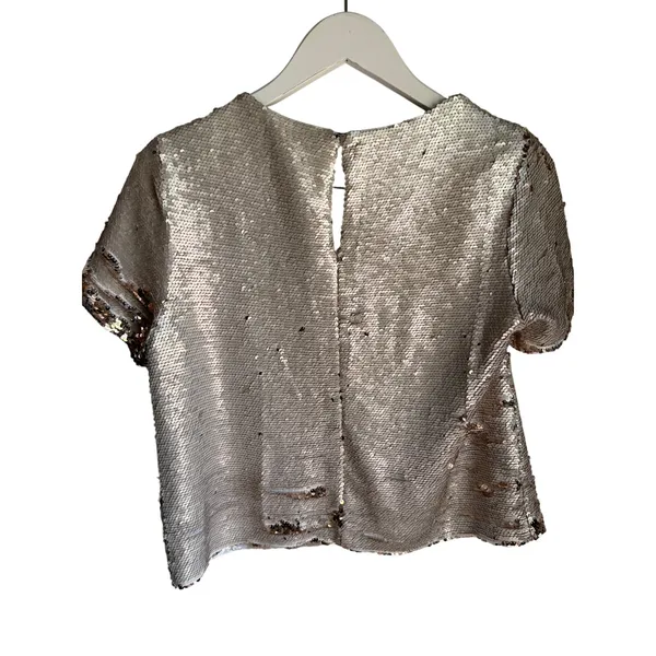 Fabrik Champagne Rose Gold Sequin Top Small Short Sleeve Party Holiday - Image 2