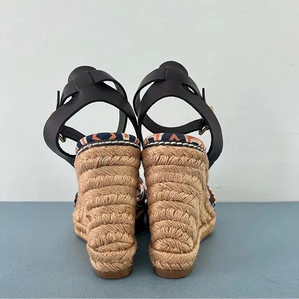 Tory Burch Criss Cross Blue & Orange‎ Canvas Espadrille Jute Wedge Sandals - Image 6