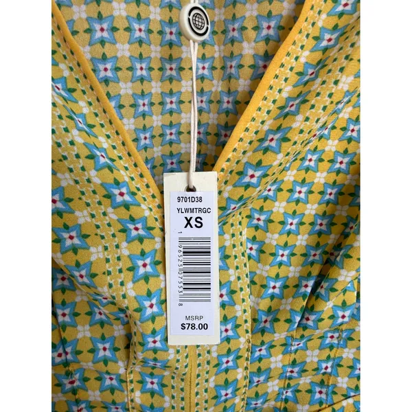 Max Studio Yellow Geometric Floral V-Neck Ruffle Peplum Blouse Size XS NEW - Image 4