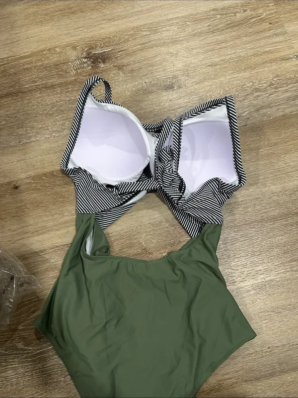 Striped Black & White Top with Olive Green One-Piece Swim sexy cutout - Image 2