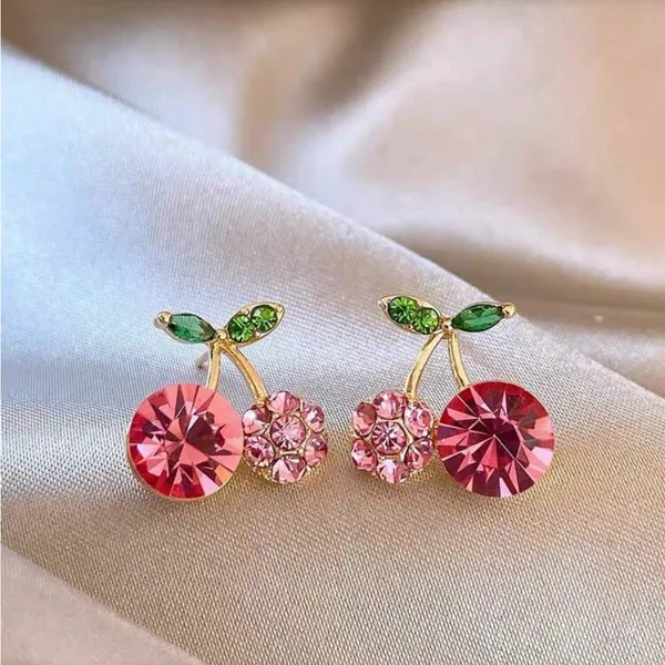 Elegant Pink and Green Crystal Cherry Earrings - Image 2