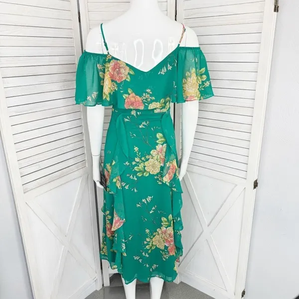 Lulus Romantic Love Floral Chiffon Ruffle Cold Shoulder Midi‎ Dress Green XS - Image 6