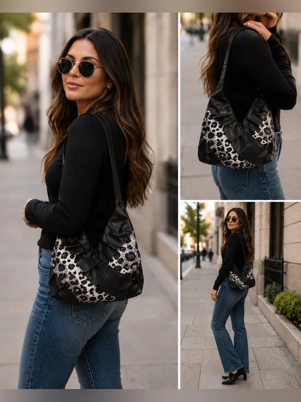 Animal Print Ruffle Shoulder Bag | Black Faux Leather Leopard Purse - Image 2