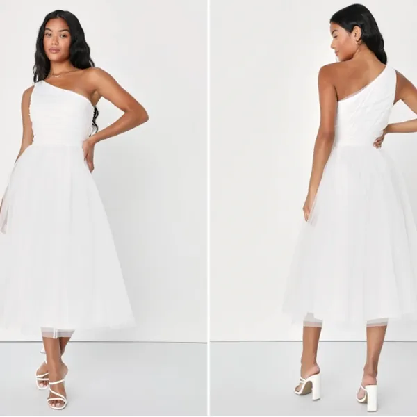 LULUS Bridal Bachelorette Engagement Bridal Shower Sexy One Shoulder Midi Dress - Image 5