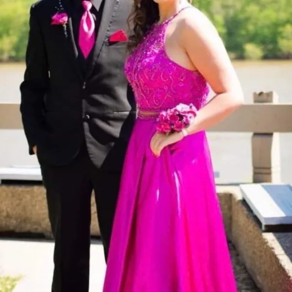 Mori Lee Fuchsia Embellished 2 Piece Prom Dress Size 10 Halter Gown - Image 5