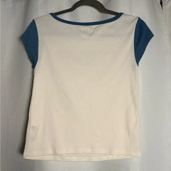 BDG Urban Outfitters Cream and Blue France Fleur De Lis T Shirt 90s Size XL - Image 2