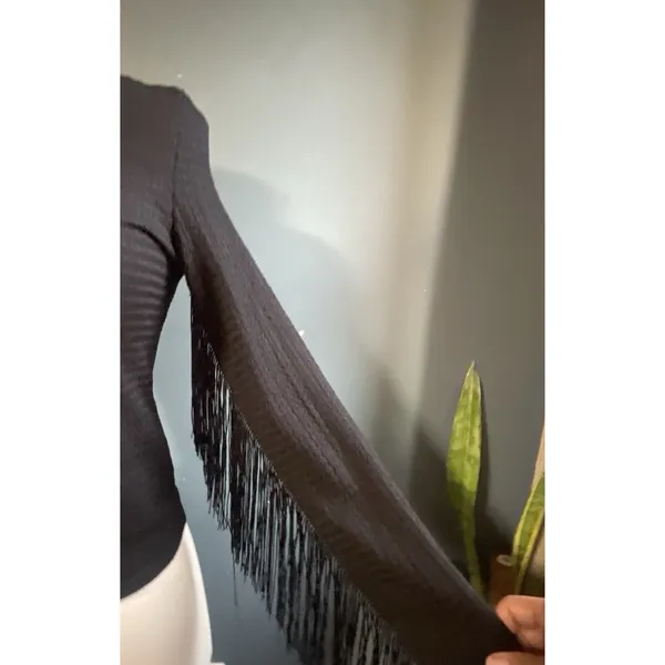 SHEIN Modelly Black One Shoulder Fringe Sleeve Top Size S‎ - Image 4
