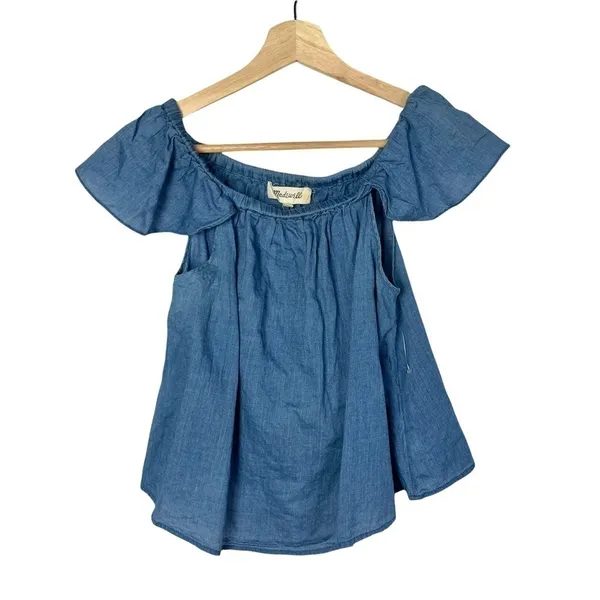 Madewell Indigo Cotton Chambray Off Shoulder Short Sleeve‎ XXS - Image 3