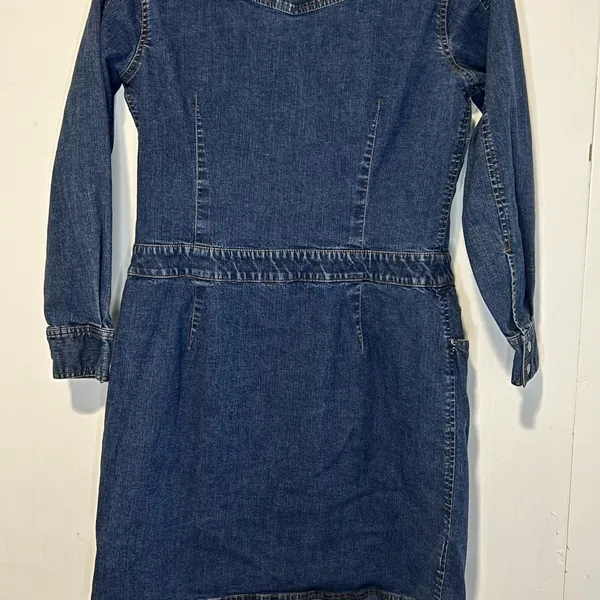Eddie Bauer Denim Dress with Black Velvet Collar Long Sleeves Pockets 072726 - Image 2