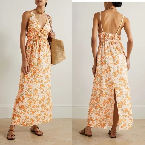 Peony Dress‎ Vacation Cotton Floral Lightweight Summer Maxi Pastel Orange M EUC - Image 2