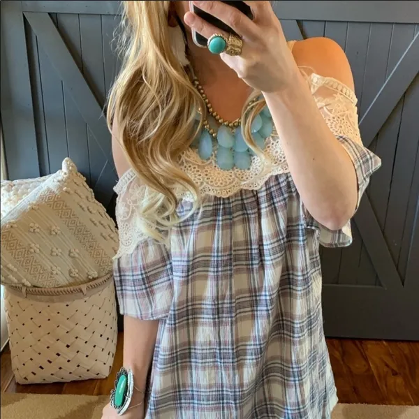Soiéblu Cold Shoulder Lace Trim Plaid Dress Size Small - Image 2