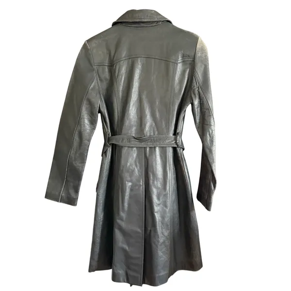 80s Vintage Emotion Dark Gray Leather Trench Coat with Belt | Small Retro - Image 2