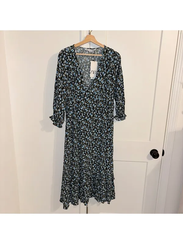 Zara NWT $70 Woman’s XL floral Ruffle hem midi dress flowered Open Neck - Image 3