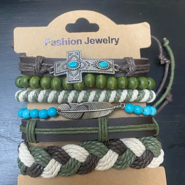 Bohemian Faux Leather Bracelet Set Cross‎ & Feather Charms Adjustable Handwoven - Image 8