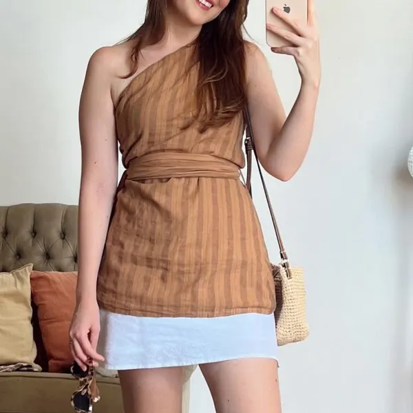 Zara NWT One shoulder striped linen beaded multiway one shoulder wrap top - Image 3