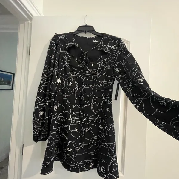 Lulus Chic It Out Black Print Long Sleeve Cutout Mini Dress - Size M - Image 3