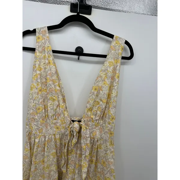 Aakaa Floral Midi Dress M Yellow Deep V Tie Front Tiered Boho Sundress - Image 6