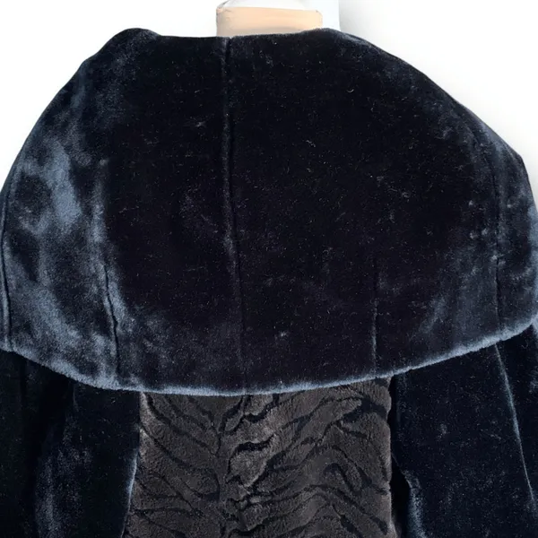 Vintage Faux Fur Zebra‎ Print Long Coat Oversized Collar Black Brown Small Glam - Image 7