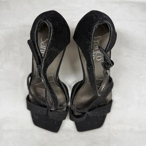 Franco Sarto Black Glitter Square Toe Strappy Ankle‎ Strap Sandals Heels 7.5 - Image 7