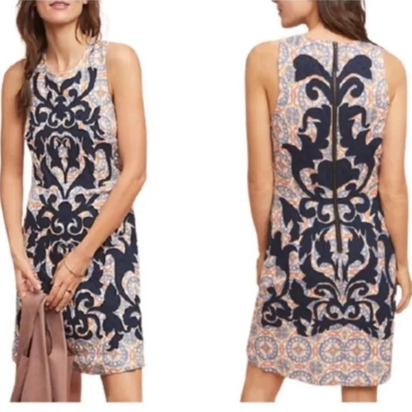 Anthropologie Vanessa Virginia Navy Geometric Linen Sleeveless Shift Dress 4 - Image 2