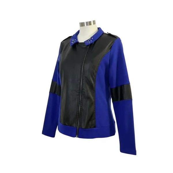 D-Signed Disney Blue & Black Faux Leather Zip Jacket Womens L 14/16 Moto Style - Image 2