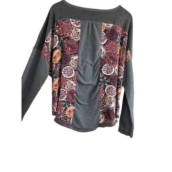 UMGEE USA Gray Waffle Knit Floral Patchwork Button Front‎ Tunic Top XL - Image 8