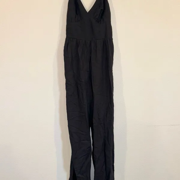 Japna Black Linen Blend Tie Back Wide Leg Jumpsuit L NWOT Pockets - Image 2