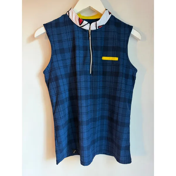SwingDish Made USA Plaid Sleeveless Golf Polo Top Small Blue Quarter Zip - Image 9