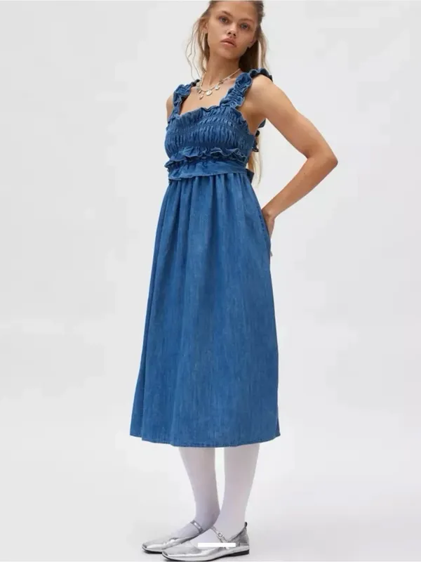 Urban Outfitters Kimichi Blue Kenzie Empire Denim Midi Dress Small Western Boho - Image 2
