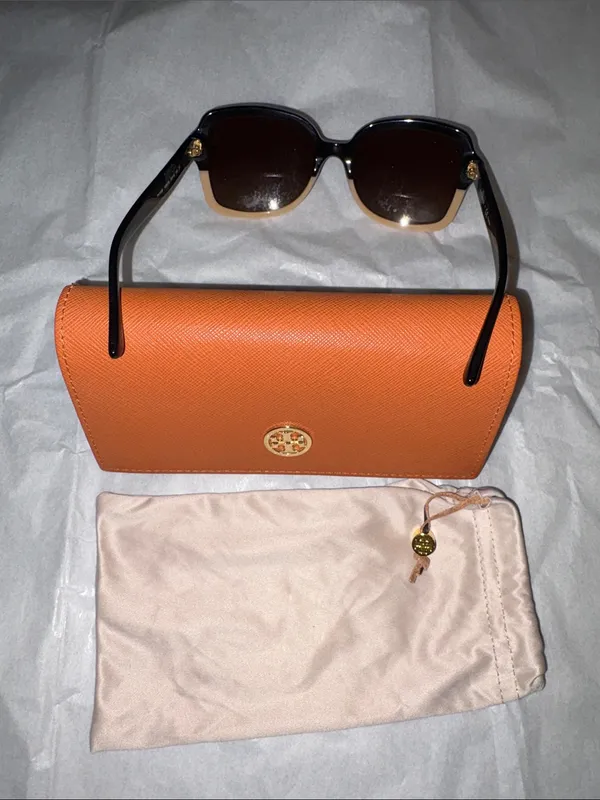 Tory Burch Black and Beige Oversized Women's Sunglasses with Orange Logo Case - Image 2
