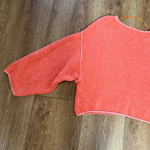 Free People Coral Orange Textured Knit Boxy‎ Cropped Bardot Sweater Womens Small - Image 9