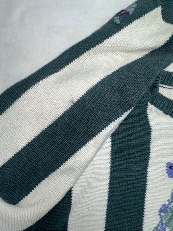 Vintage 90s Paris Sport Club Floral Striped Knit Sweater L Cottagecore Grandma - Image 13