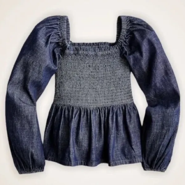 J.‎ Crew Dark Blue Chambray Smocked Puff Sleeve Top Peasant Milkmaid - Image 2