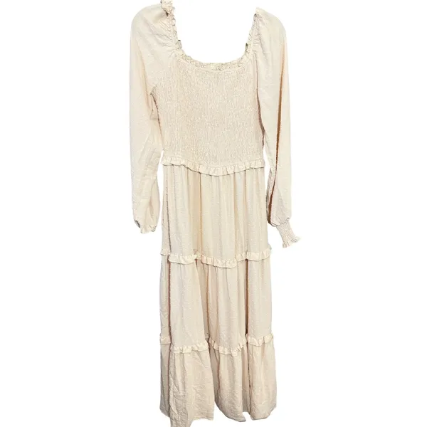 PrettyGarden Cream‎ Swiss Dot Smocked Tiered Maxi Dress Long Sleeve Beige Medium - Image 5