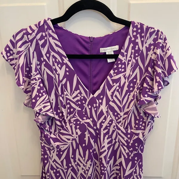 London Times Purple‎ White Leaf Print Flutter Sleeve V-Neck Midi Dress Womens 6 - Image 3