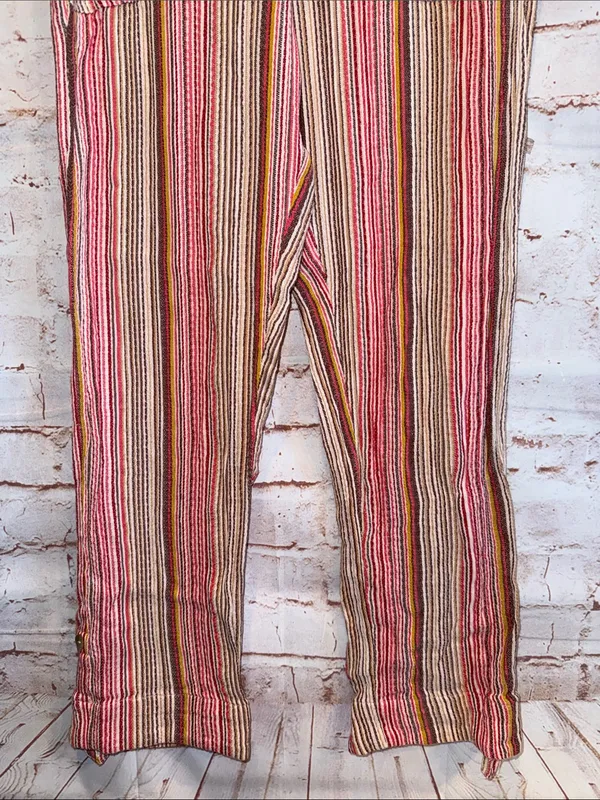Sundance Pink Tan Stripe elastic Waist Bakari Beachy Pants Roll Tab Hem S pocket - Image 3