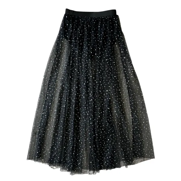 Black Sheer Tulle Maxi Skirt Med Built in panty Rhinestone Mesh Festival Rave - Image 2