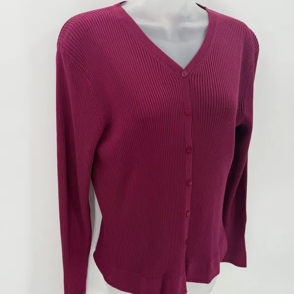 Talbots Silk Cardigan Sweater Womens M Cranberry Burgundy Ribbed Button Front LS - Image 2