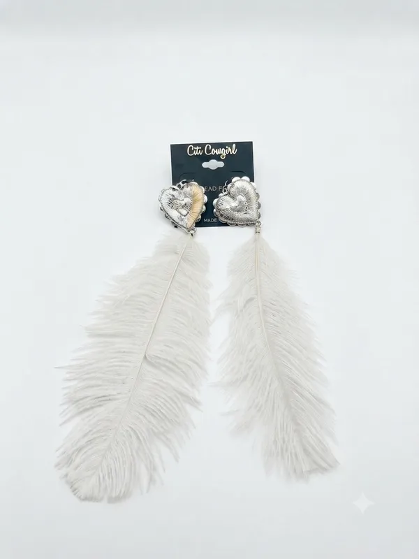NWT Citi Cowgirl Western Heart & White Feather Statement Earrings - Image 2