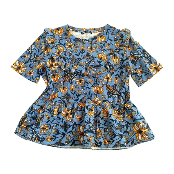 Zara Blue Floral Print Peplum Top - Image 2