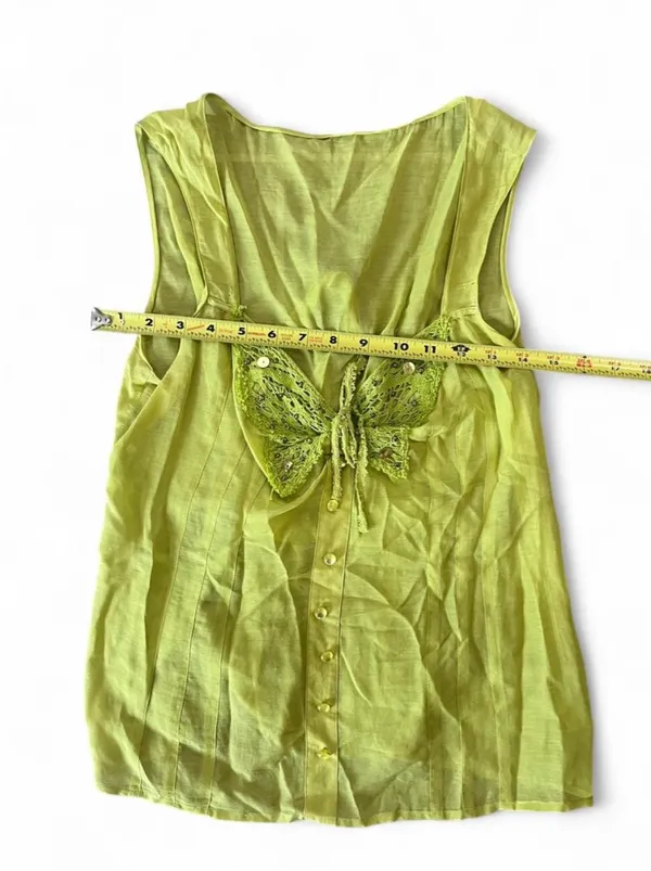 Y2K lime green top with butterfly sequin lace detail and button front - Image 3