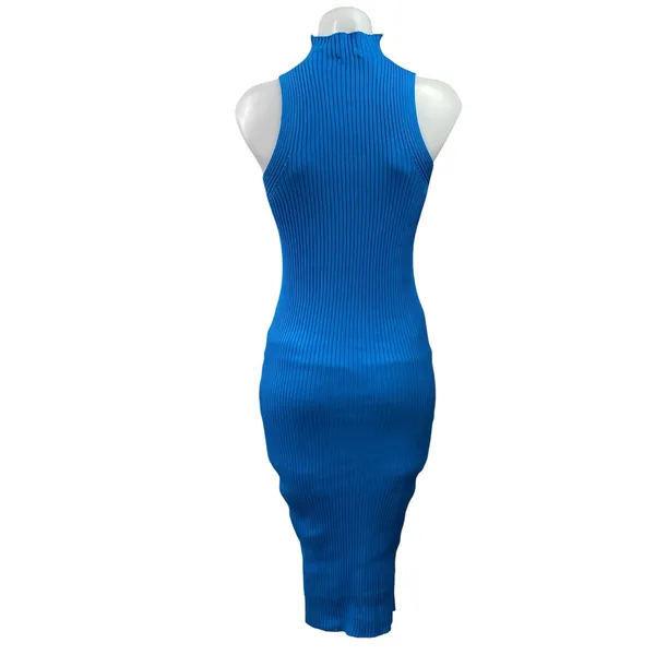 BB'S Blue Sleeveless High Neck Ribbed Knit Sculpt Midi Bodycon Dress Size L - Image 3