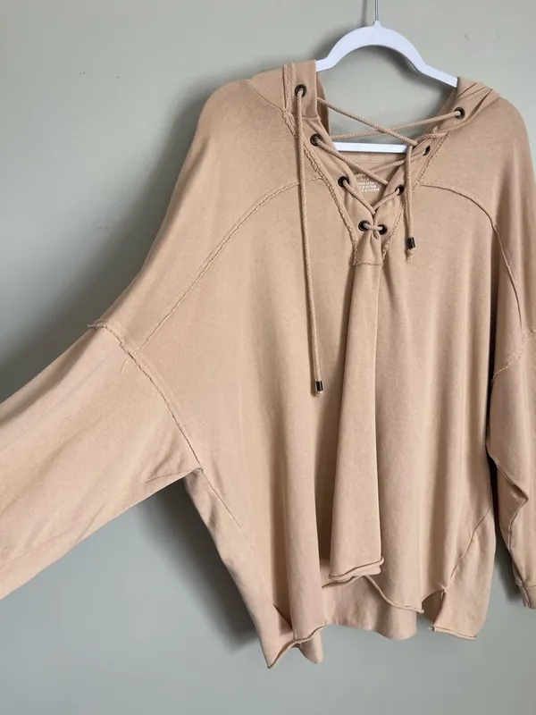 AERIE | Blush Pink Lightweight Oversized Lace-Up Pullover Hoodie Sz L - Image 4