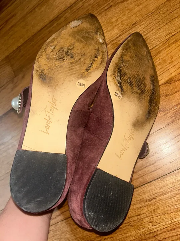 Lord & Taylor Designer Merlot Suede Pointed Mary Jane Flats with Studded Straps - Image 6