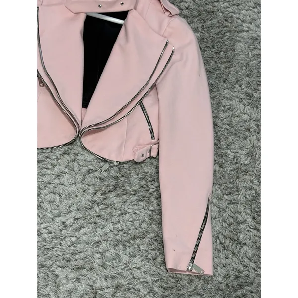 Zara Women’s Pink Cropped Moto Jacket Asymmetric Zip Biker Jacket Size XS - Image 4