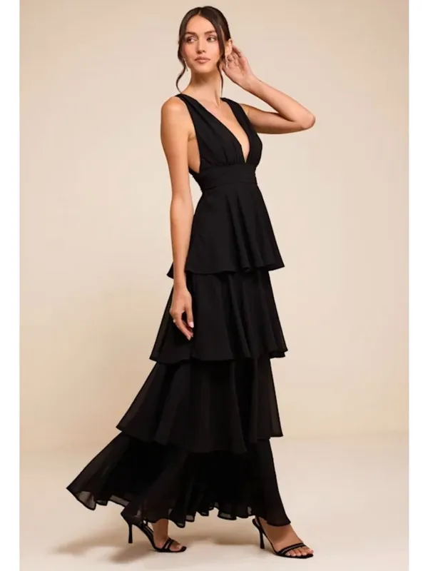 NWT Lulus Amazing Evening Black Tiered Maxi Dress - Size: Medium - Image 8